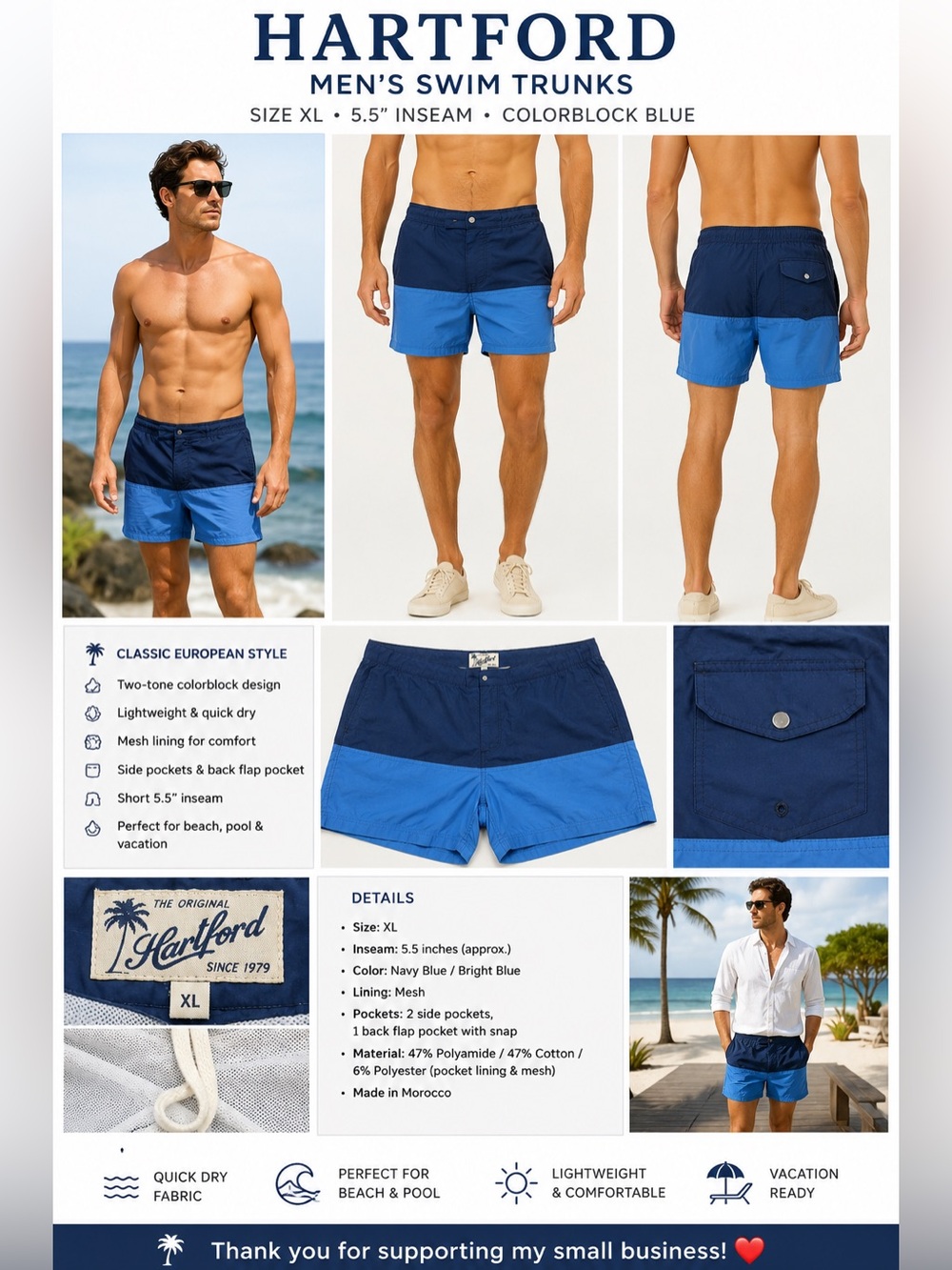 Hartford Men’s Swim Trunks XL Blue Colorblock 5.5” Inseam Mesh Lined Shorts